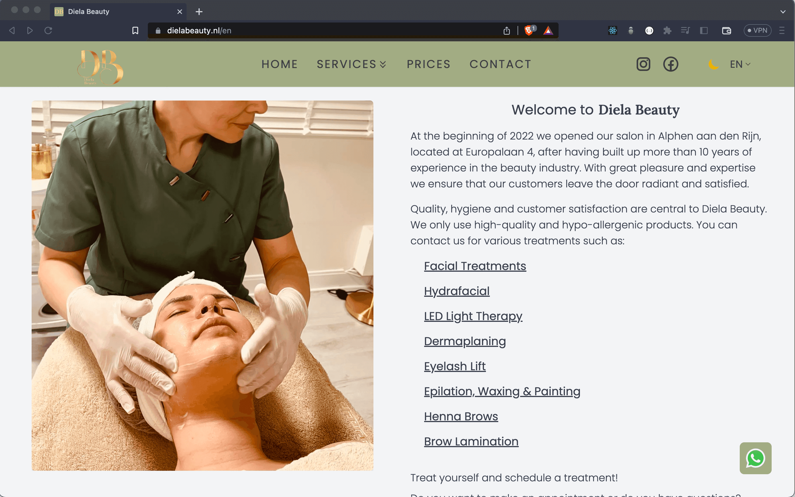 screenshot of dielabeauty.nl project I made for a client.