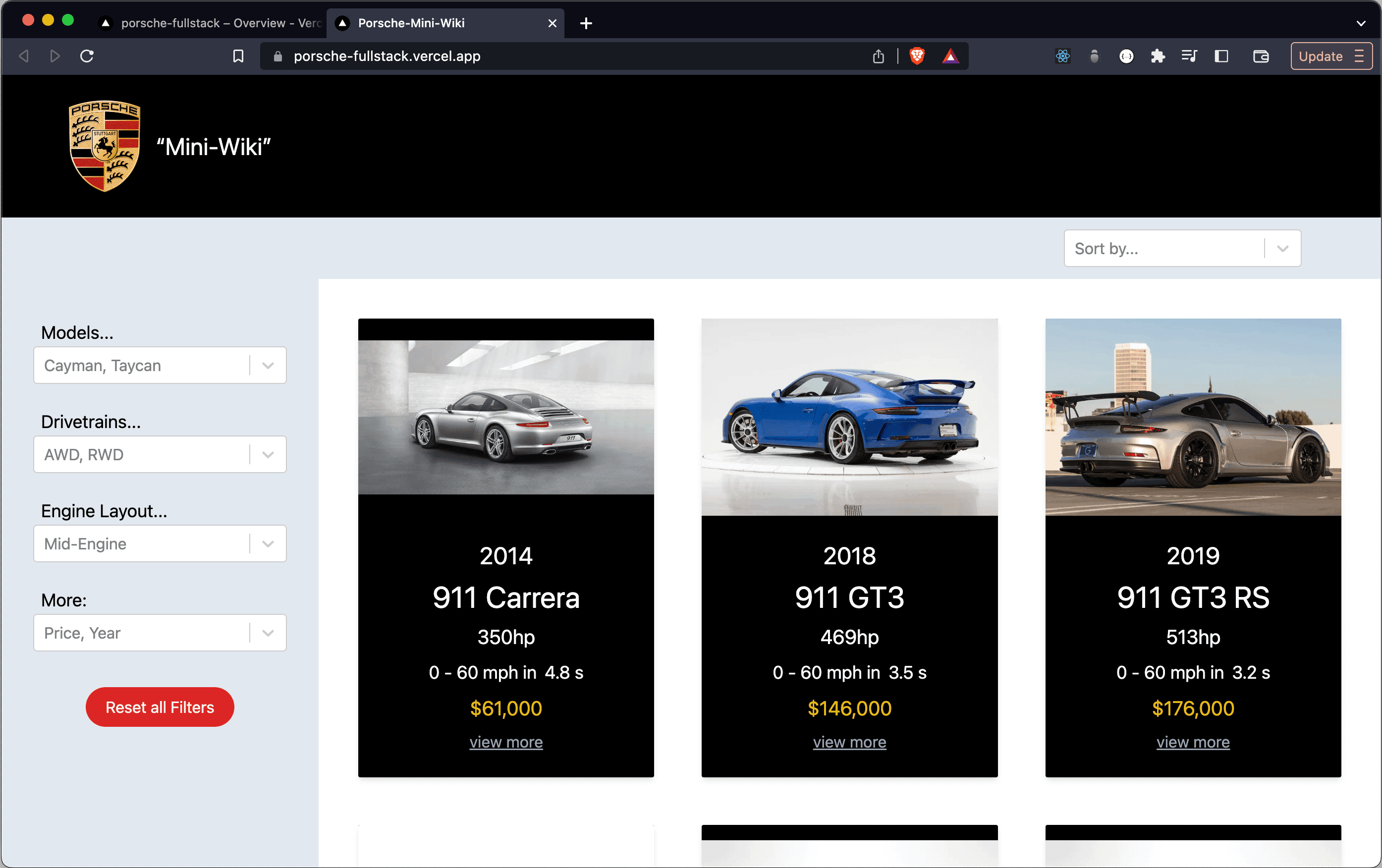 screenshot of a full stack project I made to see and filter through recent Porsche's.